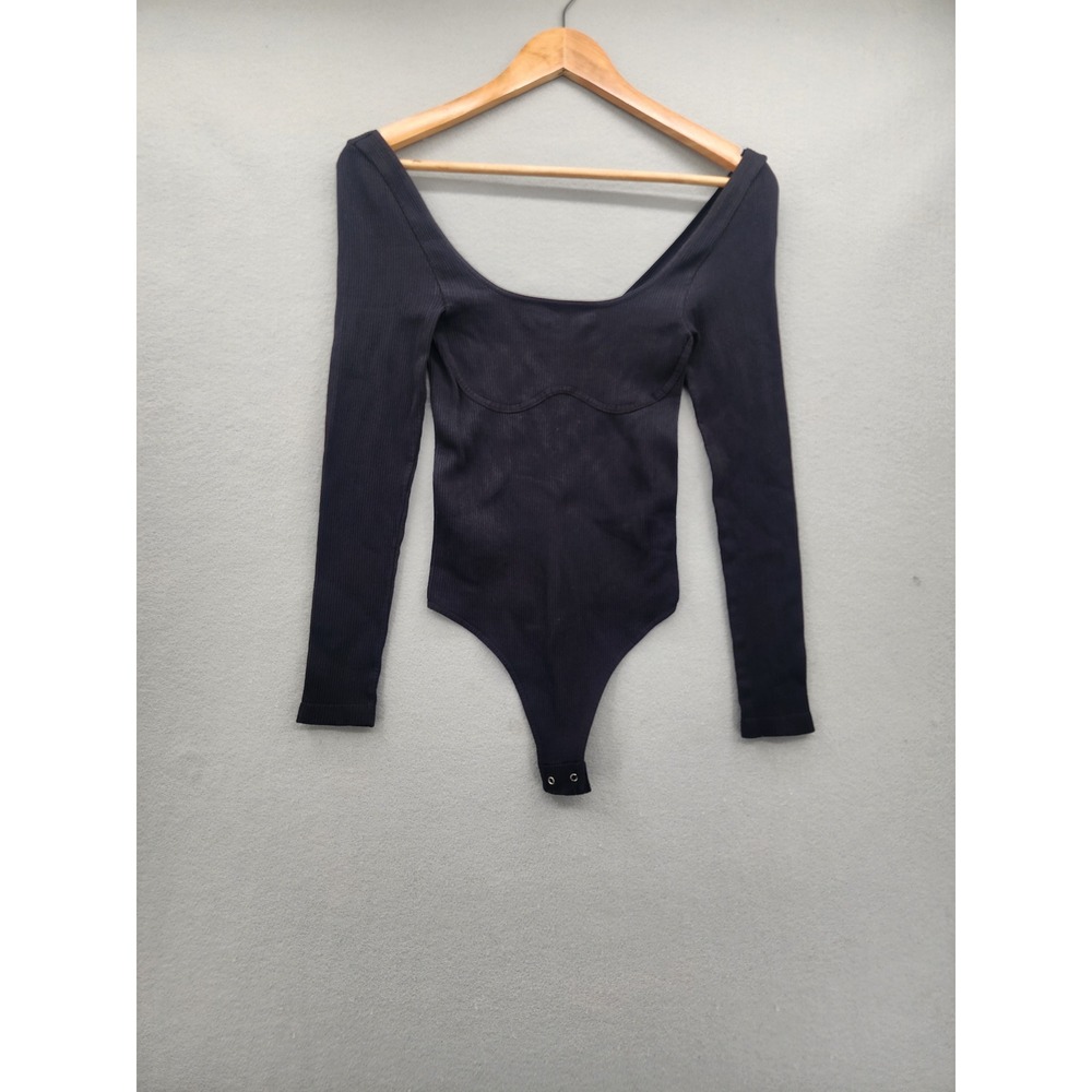 Intimately Free People Ribbed Long Sleeve Bodysuit Black Scoop Neck M/L Stretch